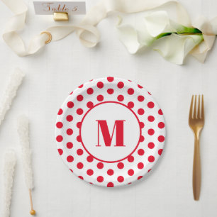 Polka Dot Monogram Initiaal Rode Stippen op Wit Papieren Bordje