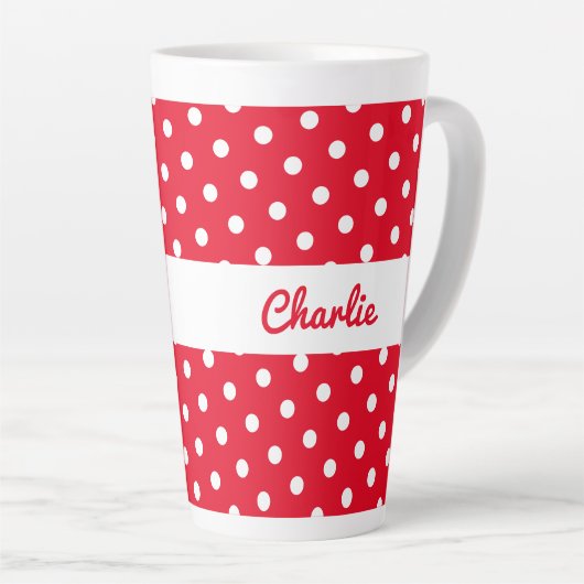 Polka dot patroon retro rood wit gepersonaliseerd latte mok (Rechterhoek)