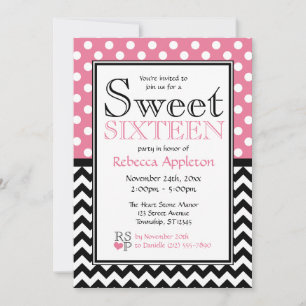 Polka Dot Pink & Chevron Sweet Sixteen-uitnodiging Kaart