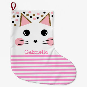 Polka Dot Pink Gold Glitter Striped Cat Face Grote Kerstsok