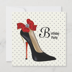 Polka Dot Red Black High Hiel Birthday Party Kaart