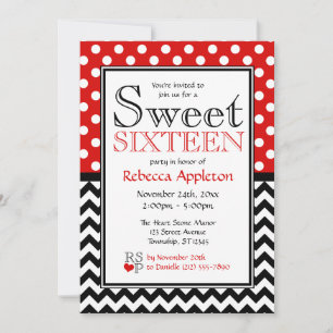 Polka Dot Red & Chevron Sweet sixteen Invitations