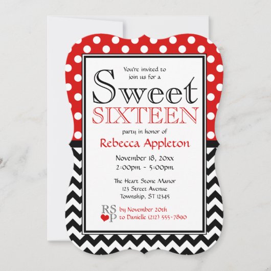 Polka Dot Red & Chevron Sweet sixteen Invitations (Devant)