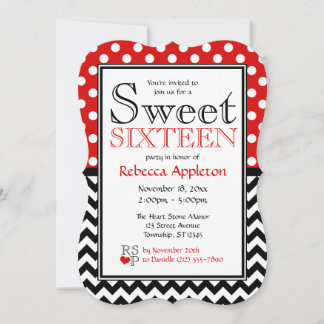 Polka Dot Red en Chevron Sweet Sixteen-uitnodiging Kaart