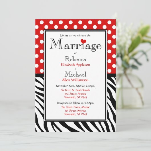 Polka Dot Red & Zebra Print Wedding Invitting Kaart (Staand voorkant)