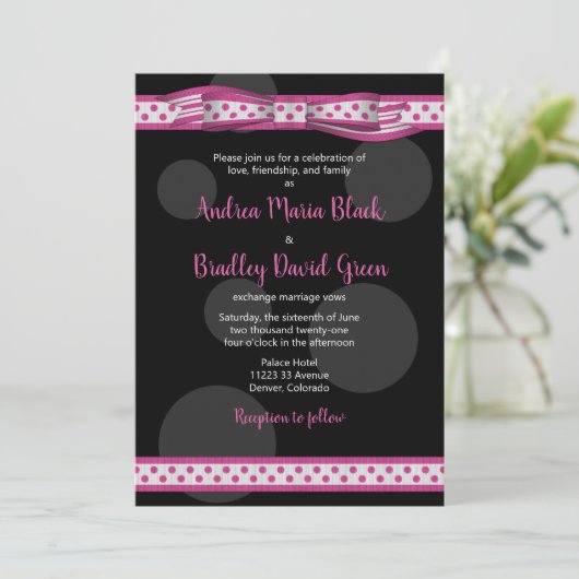 Polka Dot Ribbon Pink Black Weddenschap Kaart (Staand voorkant)