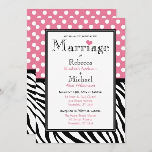 Polka Dot Roze & Zebra Print bruiloft uitnodiginge Kaart (Voorkant / Achterkant)