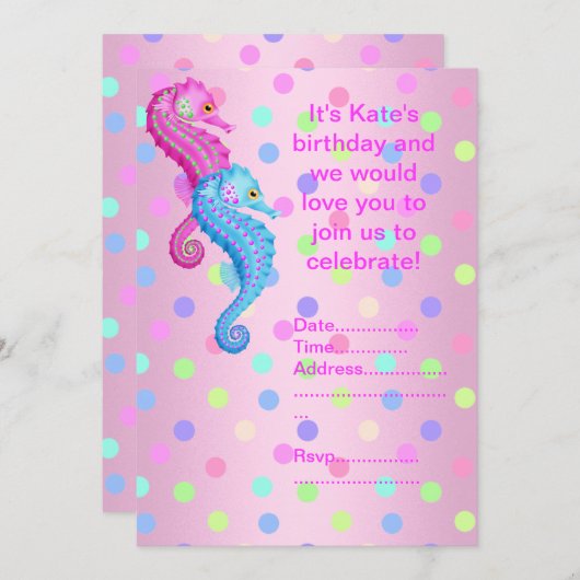 POLKA DOT SEAHORSE PARTIJ INVITATIE roze Kaart (Voorkant / Achterkant)
