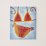Polka Dot String Bikini Jigsaw Puzzle<br><div class="desc">Chaîne Bikini en jaune coloré et rouge avec pois sur un arrière - plan bleu.</div>