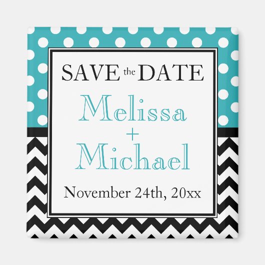 Polka Dot Turquoise & Chevron Save the Date Magnet Magneet (Voorkant)