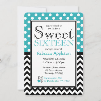 Polka Dot Turquoise & Chevron Sweet Sixteen Kaart