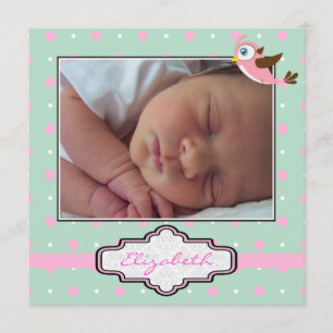 Polka dot, vogeltje met lijst baby meisje geboorte aankondiging