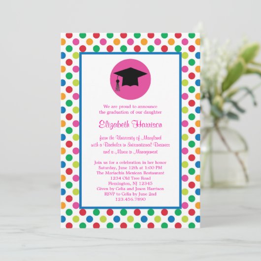 Polka Dots and Pet Afstuderen Invitation Kaart (Staand voorkant)