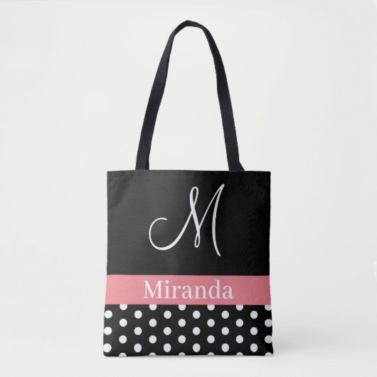Polka Dots Black White Pink Monogram Script Draagtas (Voorkant)