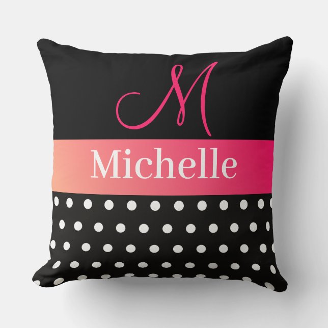 Polka Dots Black White Pink Monogram Script Kussen (Voorkant)