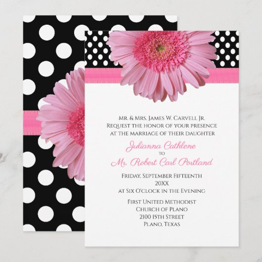 Polka Dots & Gerber Daisy Wedding Invitation Kaart (Voorkant / Achterkant)