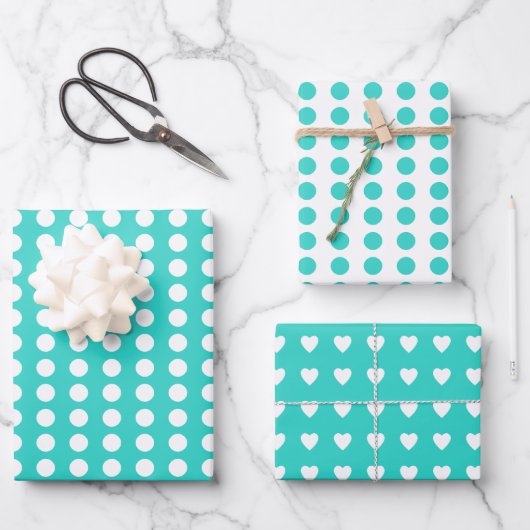 Polka dots harten wit turquoise inpakpapier vel (Voorkant)