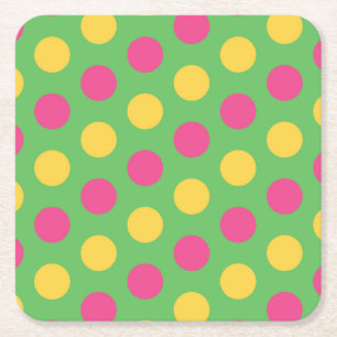 Polka Dots in Lime Green Hot Roze en Geel Vierkante Kartonnen Onderzetter