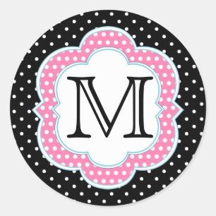 Polka Dots Monogram Roze Blauw Zwart Ronde Sticker