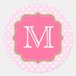Polka Dots Monogram Roze en Groen Ronde Sticker