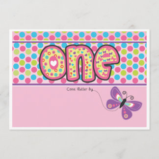 Polka Dotted, Butterfly First Birthday Invite Kaart