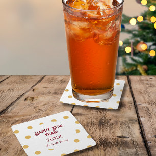 Polka gouden oudejaarsfeest vierkante kartonnen onderzetter