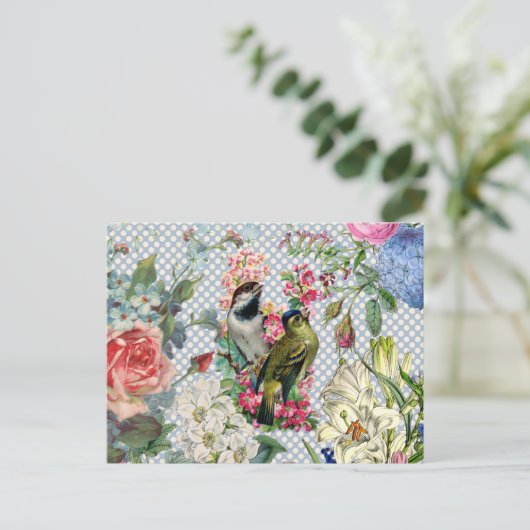 polka stipt vogelkleurige bloemen briefkaart (Staand voorkant)