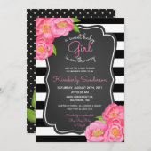 Polkadot Girl Pink Floral Baby shower Invitation Kaart (Voorkant / Achterkant)