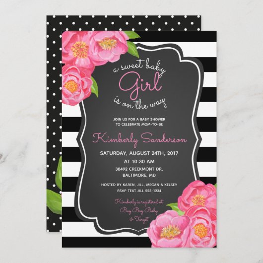 Polkadot Girl Pink Floral Baby shower Invitation Kaart (Voorkant / Achterkant)
