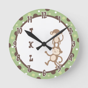 Polkadot Green Funky Monkey Dancing Jungle Clock Ronde Klok