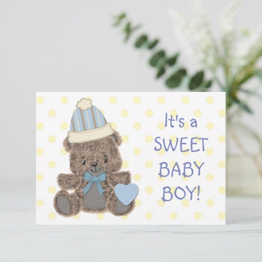 Polkadot jaune ours bébé garçon Faire-part de nais (Debout devant)