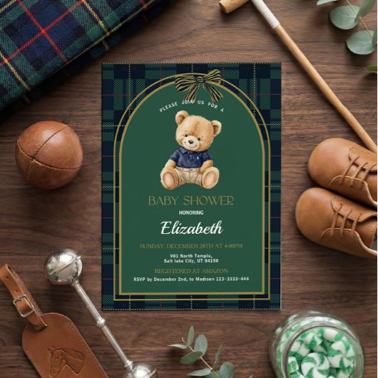 Polo Teddy Bear Baby Shower Invitation