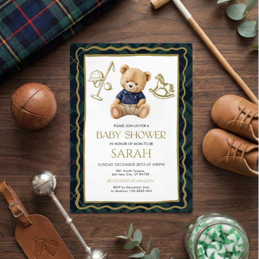 Polo Teddy Bear Baby Shower Invitation