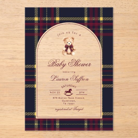 Polo Teddybeer Wine Red plaid Arch Baby shower Acryl Uitnodigingen (Voorkant)