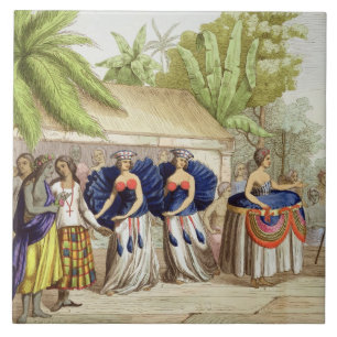 Polynesiaanse dansmeisjes, gegraveerd door A. Bern Tegeltje