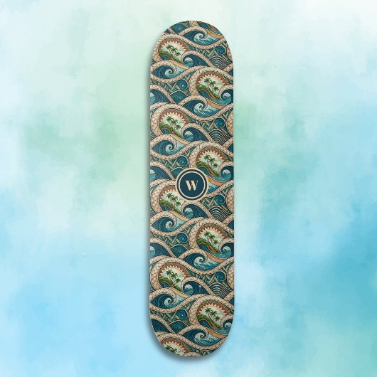 Polynesian Tropical Wave Palm Trees Pattern Name Skateboard