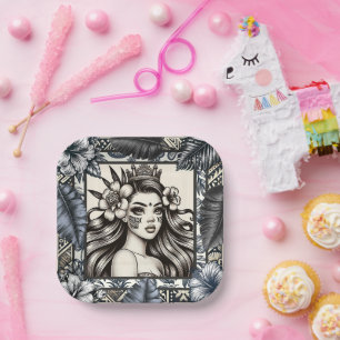 Polynesische Prinses Blauw Bloemen Tribal Papieren Bordje