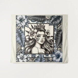 Polynesische Prinses Blauw Bloemen Tribal Wandkleed