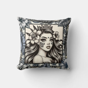 Polynesische Prinses Blauw Bloemmotief Stam Kussen