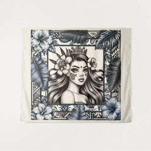 Polynesische Prinses Blauw Bloemmotief Stam Wandkleed