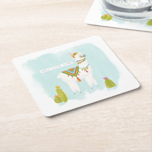 Pom Pom Llama Rama - Whole Lotta Llama Vierkante Kartonnen Onderzetter (Schuin)