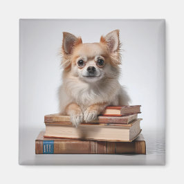 Pomchi op een stapel boeken magneet