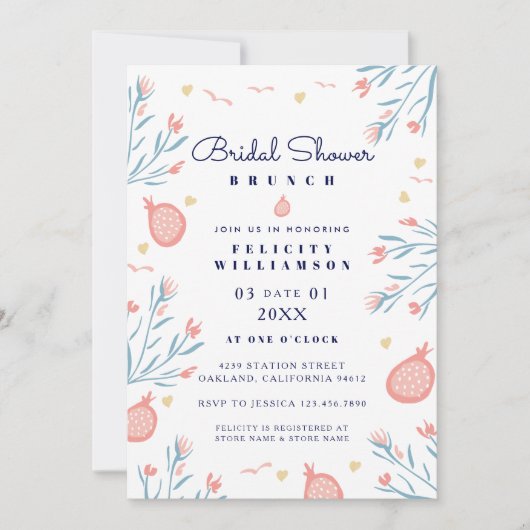 Pomegranate Fruit Floral Bridal Shower Invitation Kaart (Voorkant)