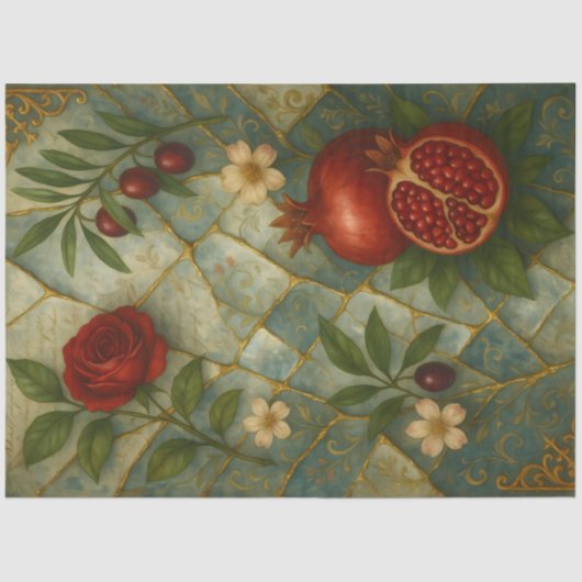 Pomegranate Rose – Ornate Botanical Fantasy Tissuepapier (Voorkant)