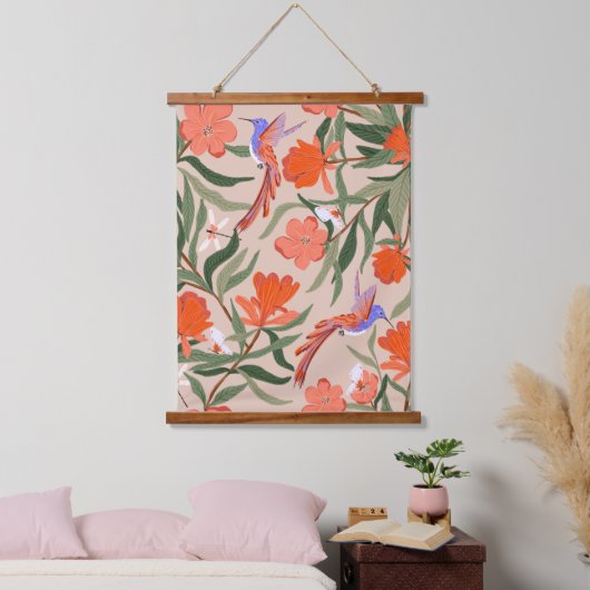 Pomegranate tuin met vogels en insecten hangend wandkleed (Slaapkamer)