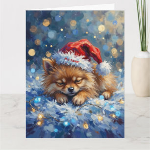 Pomeraian Slaapt op Kerstlichtjes Kerstmuts Kaart