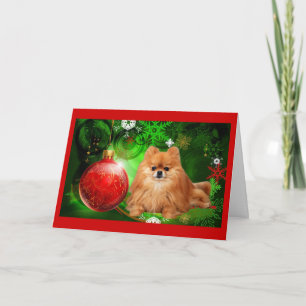 Pomeranian Christmas Kaart Red Ball Green