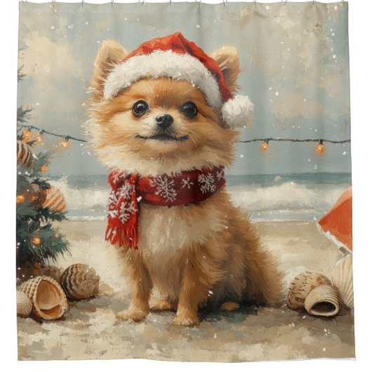 Pomeranian Dog Christmas  Beach Douchegordijn (Voorkant)