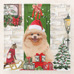 Pomeranian Dog Kerstmis Glazen Onderzetter