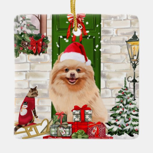 Pomeranian Dog Kerstmis Keramisch Ornament (Voorkant)